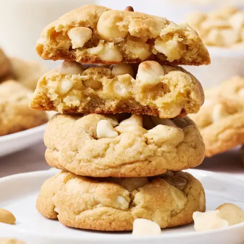Stack of ASDA Chunky Cookies showing white chocolate chunks and a rich golden color, ideal for indulgence.