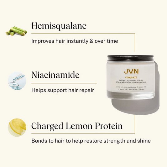 JVN Hair Complete Instant Recovery Serum ingredients: Hemisqualane, Niacinamide, Charged Lemon Protein for hair repair.