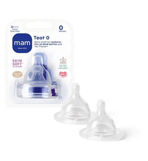 MAM Newborn Teat 0, extra small silicone nipples for babies, SkinSoft, and compatible with MAM bottles, pack of two.