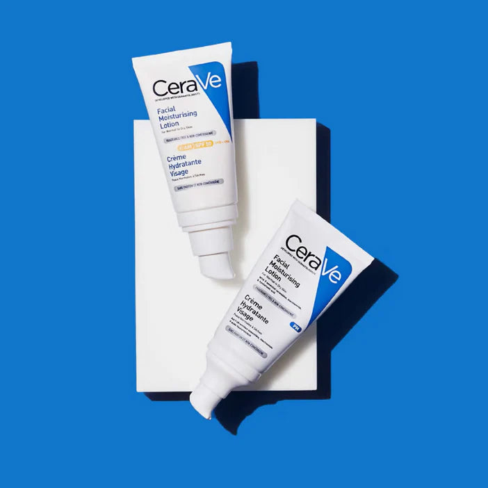 CeraVe moisturizing lotion tubes on a white block with a blue background