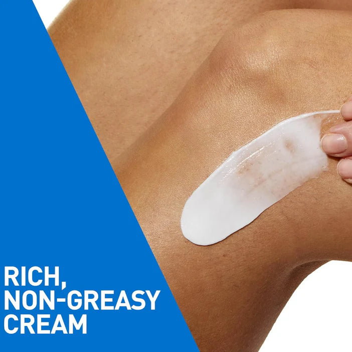 Person applying a white cream patch on their leg with a blue text box highlighting 'Rich, Non-Greasy Cream'.