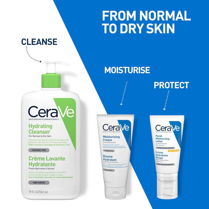 CeraVe skincare products with 'Cleanse', 'Moisturise', and 'Protect' steps on a blue and white background.