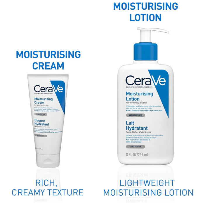 CeraVe moisturizing cream and lotion on a white background