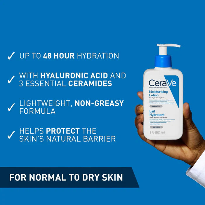 CeraVe moisturizing lotion held by a hand with product details on a blue background