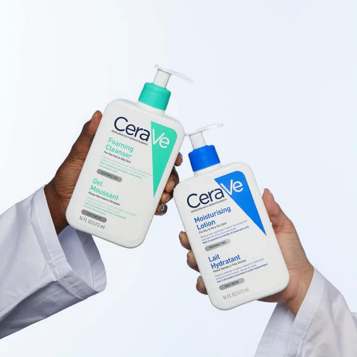 Two CeraVe skincare products being held against a white background