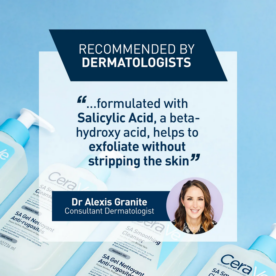 CeraVe SA Smoothing Cream products with dermatologist endorsement on a blue background