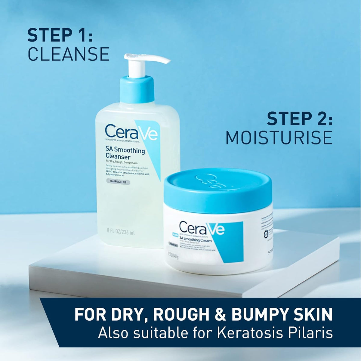 CeraVe skincare products on a white surface with a blue background