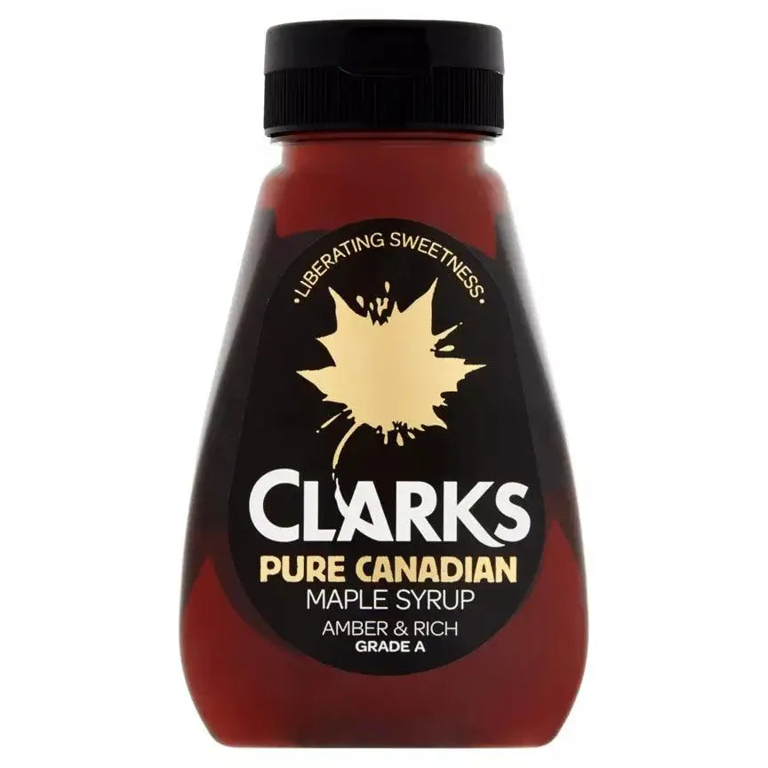 Clarks Pure Canadian Maple Syrup 180ml bottle, amber and rich grade A syrup, perfect for pancakes and vegan-friendly.