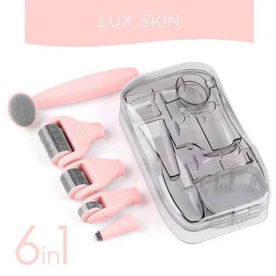 LUX SKIN® 6-In-1 Derma Roller Kit with attachments in a clear case for skin rejuvenation and cleansing.
