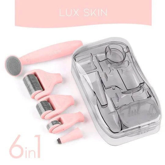 LUX SKIN® 6-In-1 Derma Roller Kit with attachments in a clear case for skin rejuvenation and cleansing.
