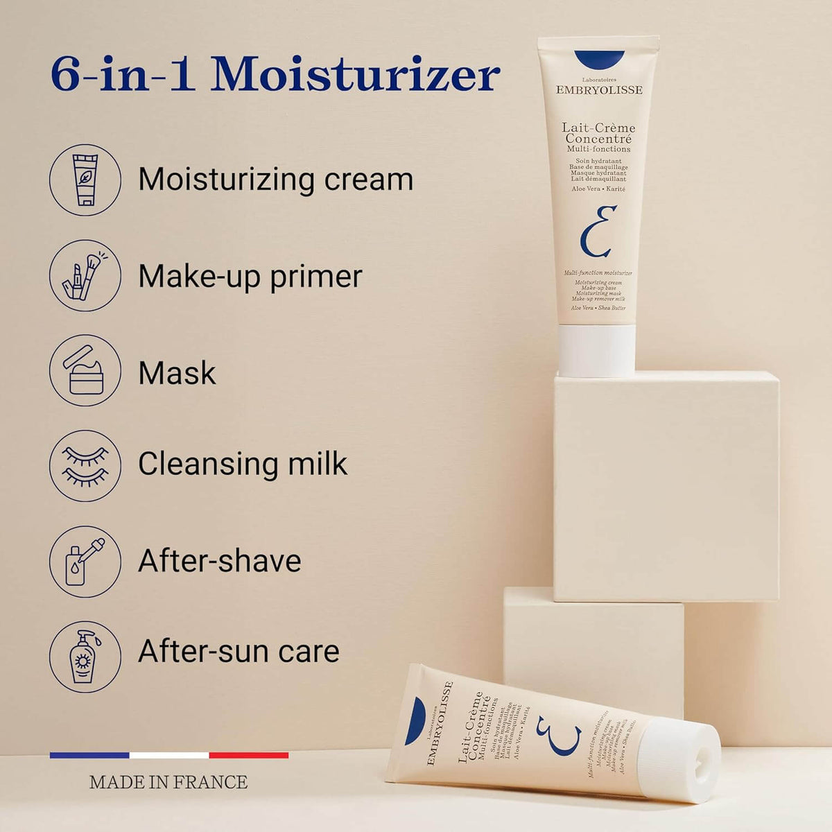 Two tubes of Embryolisse moisturizer with product features listed on a beige background