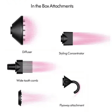 Dyson Supersonic™ hair dryer attachments including diffuser, styling concentrator, wide-tooth comb, and flyaway attachment.