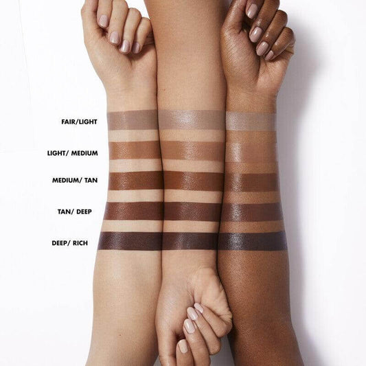 Swatches of e.l.f Halo Glow Contour Beauty Wand in five shades: Fair/Light, Light/Medium, Medium/Tan, Tan/Deep, Deep/Rich.