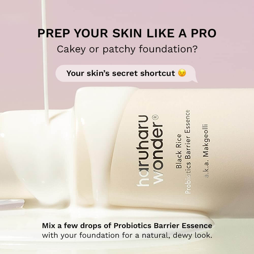 Probiotics Barrier Essence bottle with text on a pink background