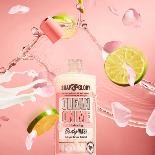 Soap & Glory Clean On Me Body Wash with lime and rose petal splash, featuring a creamy texture and signature scent.