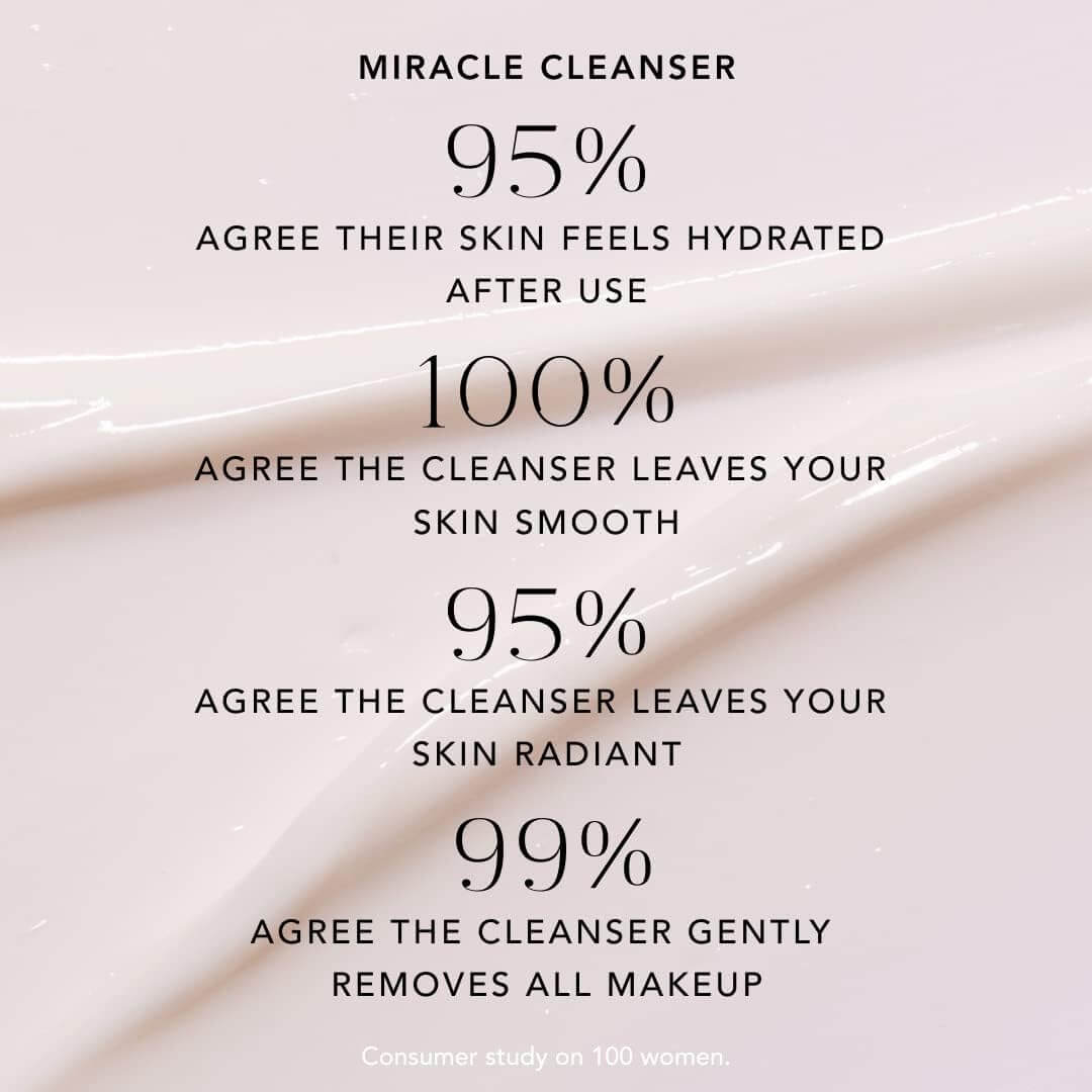 Aurelia London Miracle Cleanser stats showing 95% hydration, 100% smoothness, 95% radiance, 99% makeup removal efficacy.