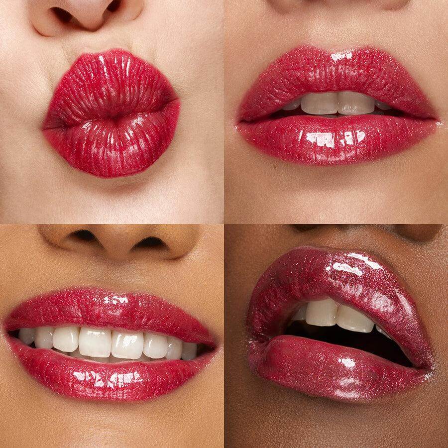 Collage of lips showcasing Kiko Milano 3D Hydra Lipgloss 10 in Sparkling Strawberry for shiny, plumped effect.