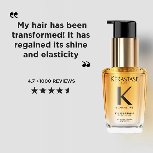 Kérastase hair care product with customer testimonial on a light gray background