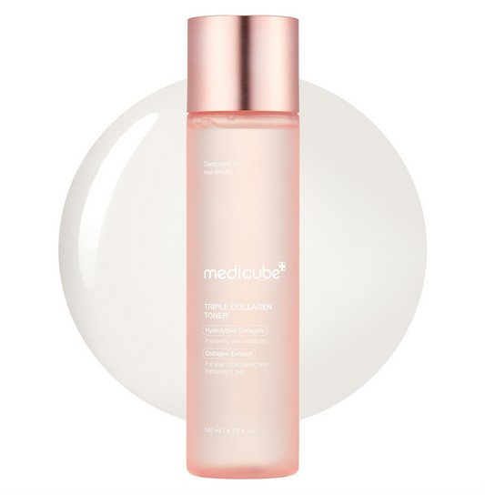 Skincare bottle with rose gold cap on a white background