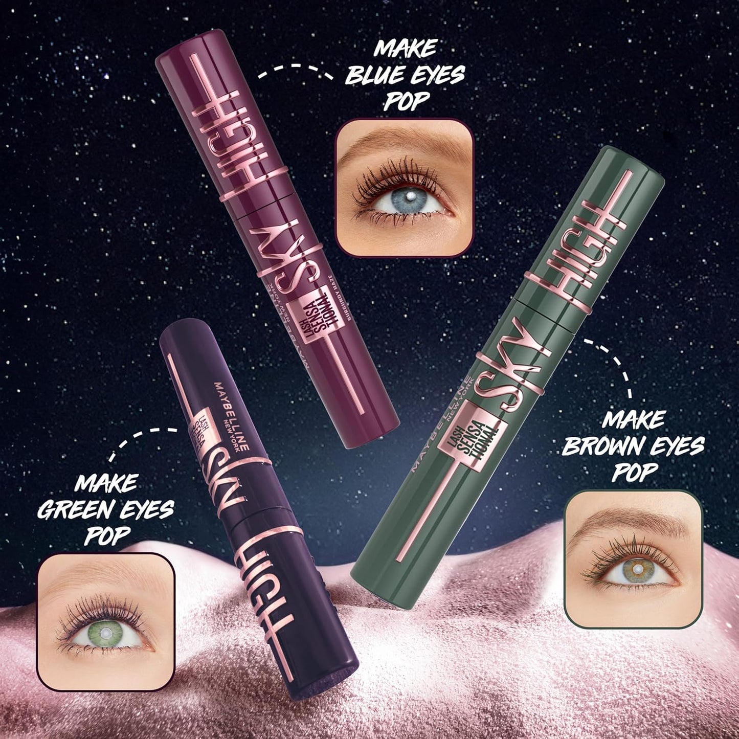 Three eyeliner products with color-changing effects on eyes against a starry night sky background.