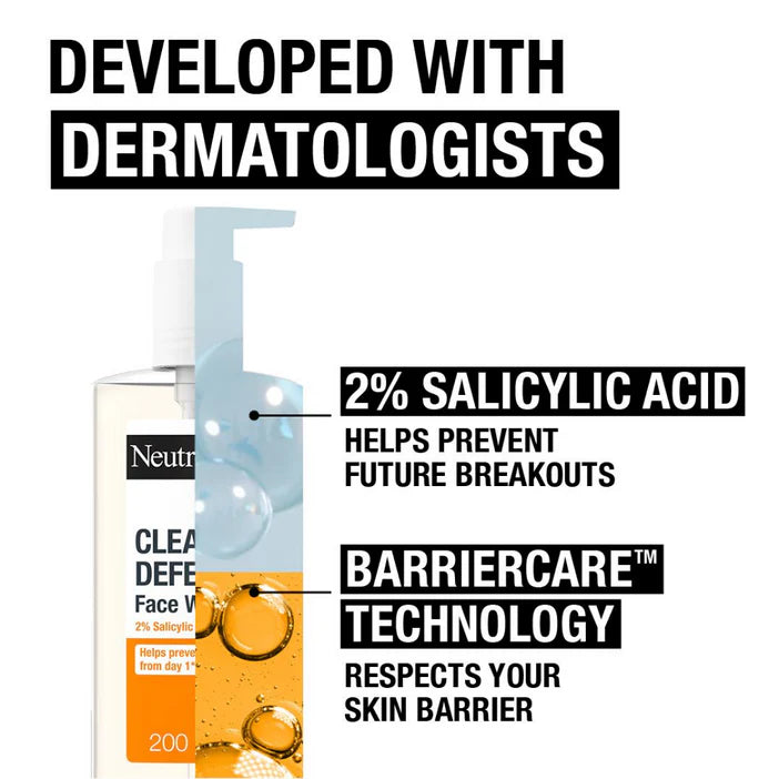 Neutrogena Clear Defend Face Wash with salicylic acid and barriercare technology on a white background.