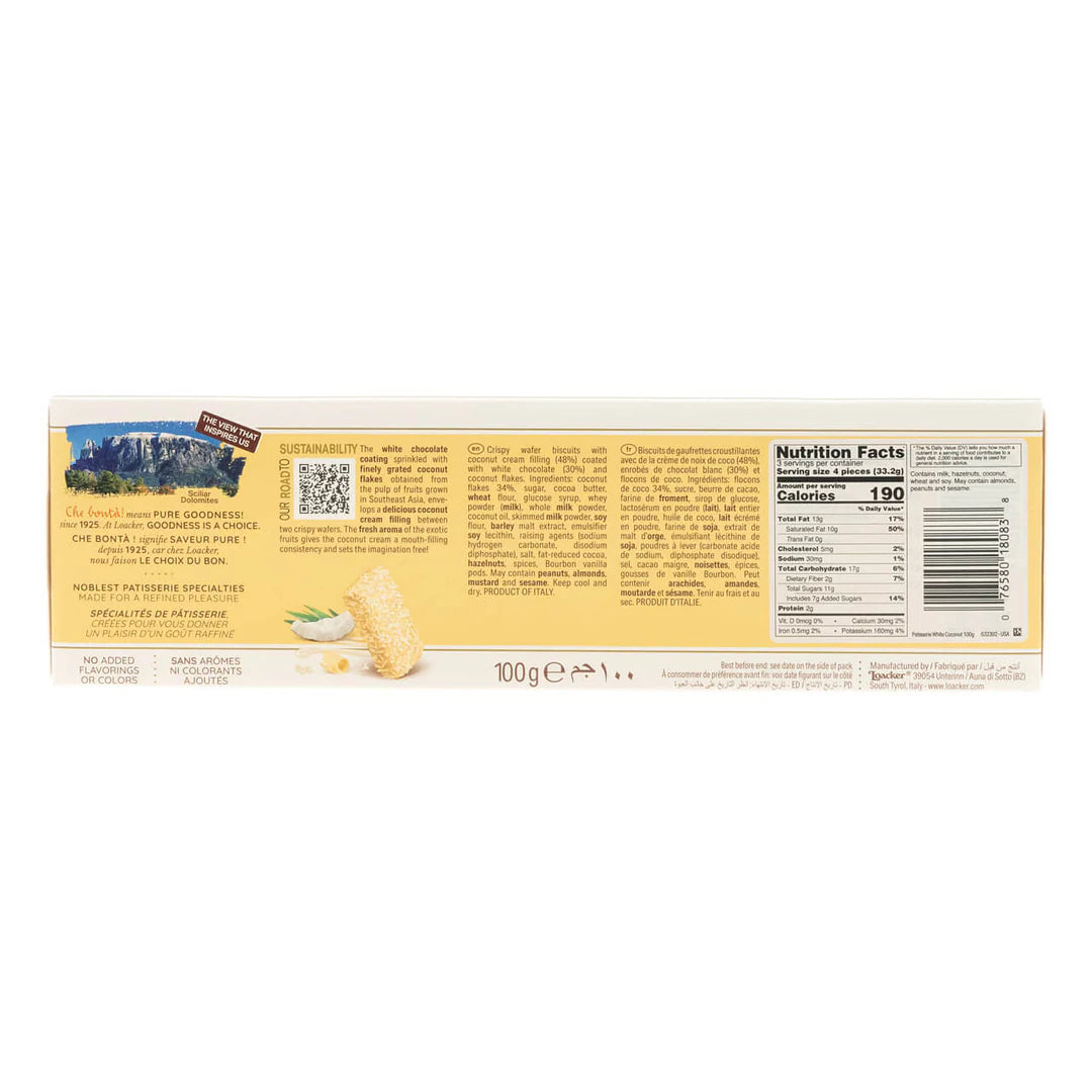 Back packaging of Loacker Patisserie White Coconut 100g featuring nutrition facts and product information.