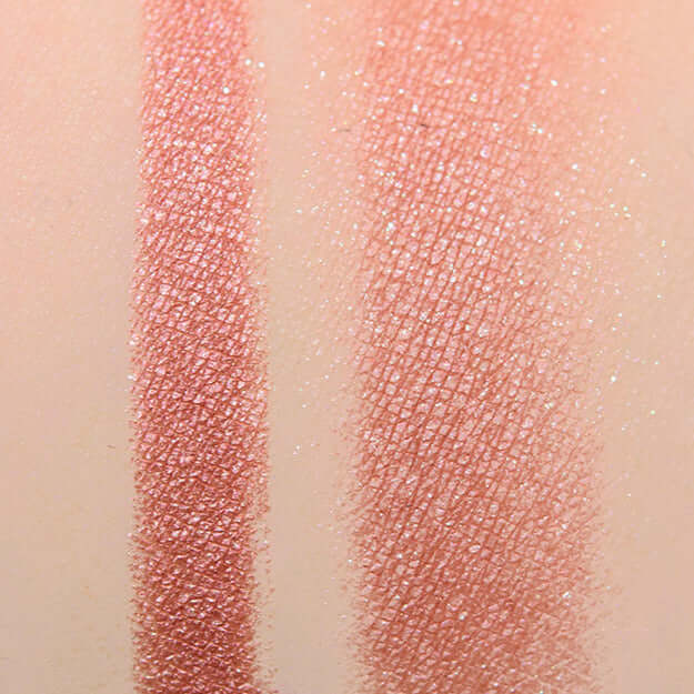 Swatches of Laura Mercier Caviar Stick Eye Colour in Strike a Rose, showcasing a shimmery rose hue.