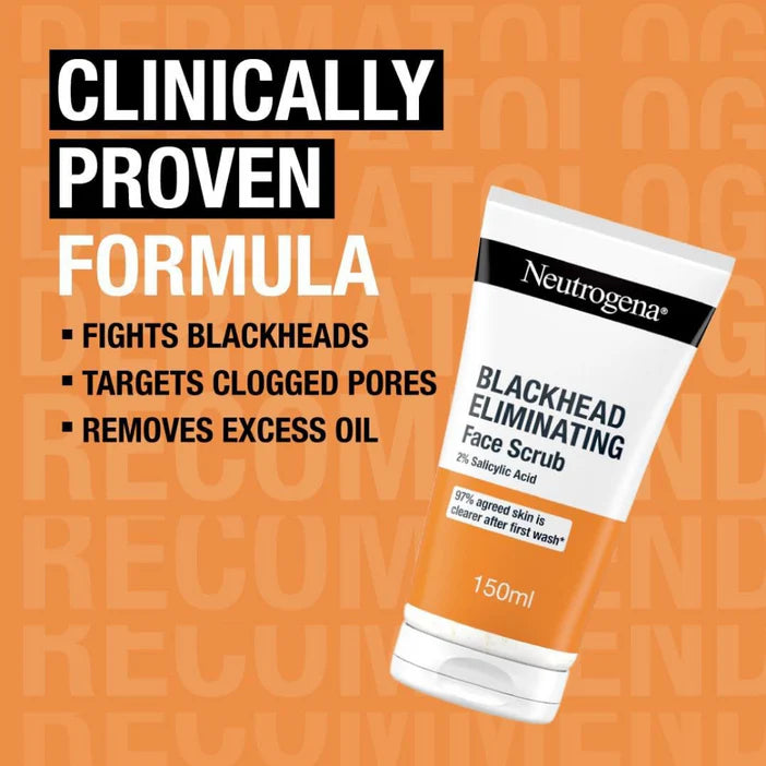 Neutrogena Blackhead Eliminating Face Scrub on an orange background with text about its benefits.