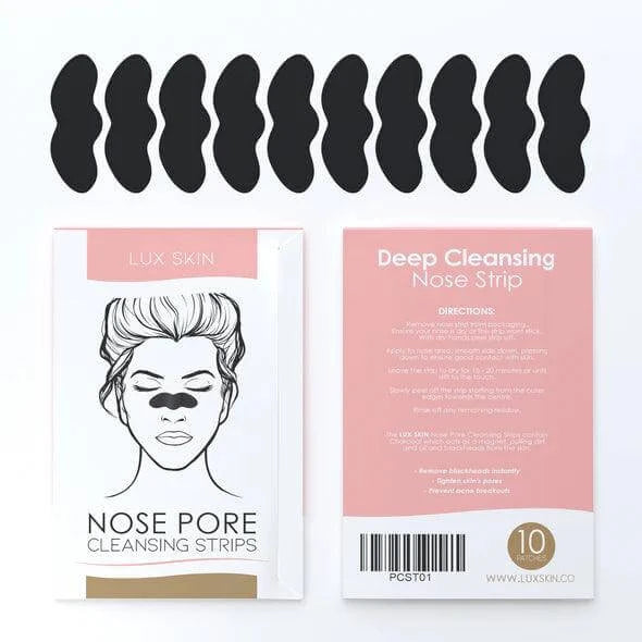 LUX SKIN® Charcoal Nose Strips packaging with eight black cleansing strips for deep pore cleansing.