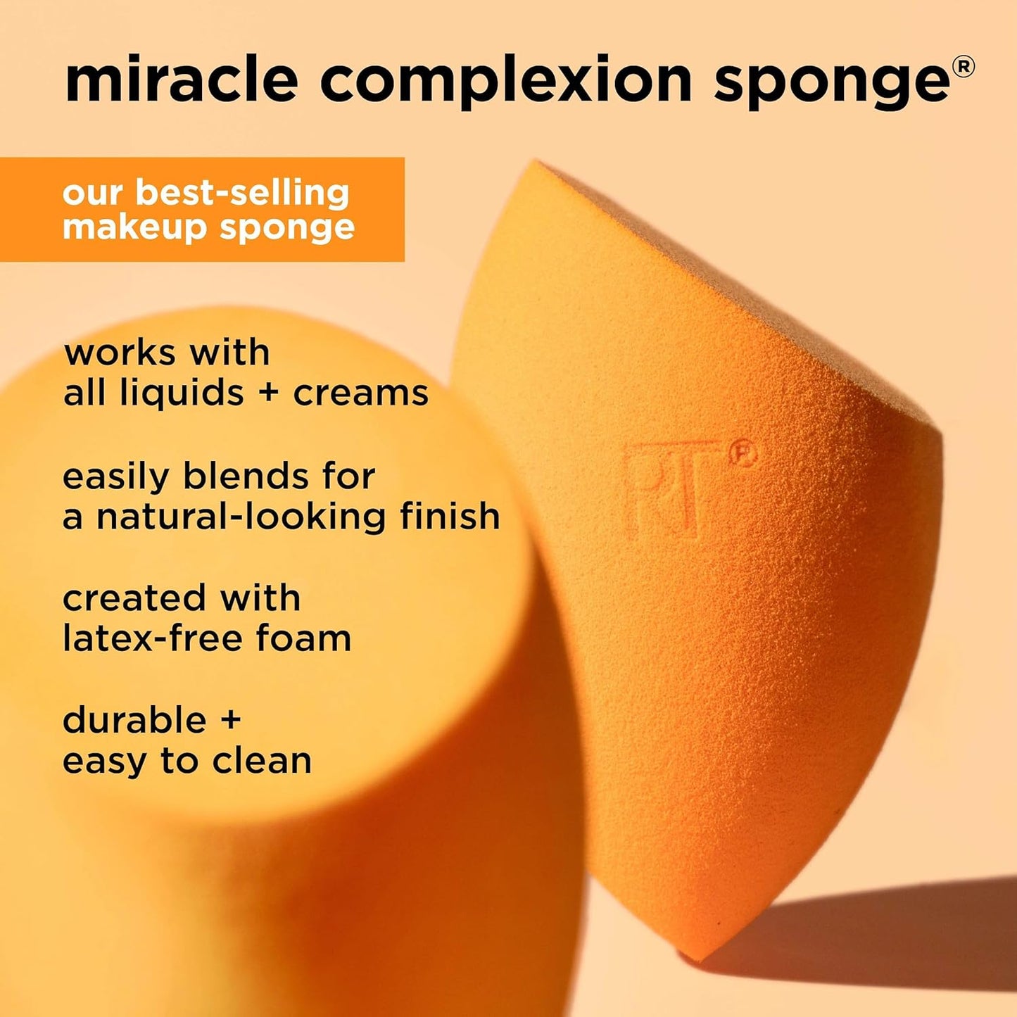 Orange makeup sponge with text highlighting features on a beige background