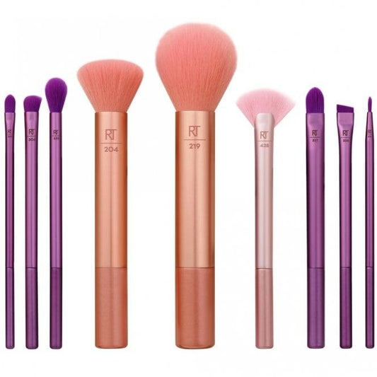 Real Techniques Insta Artist 9 Piece Makeup Brush Set featuring various brushes in vibrant colors for stunning makeup looks.