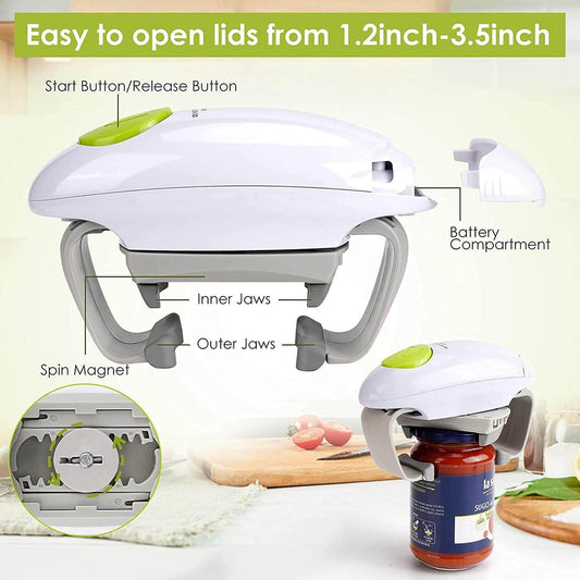 Electric jar opener designed for lids from 1.2-3.5 inches, featuring inner jaws, start button, and spin magnet.