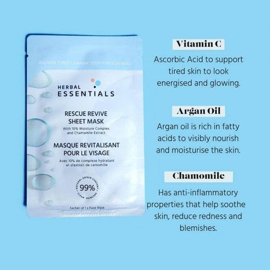 Herbal Essentials Rescue Revive Facial Sheet Mask with Vitamin C, Argan Oil, and Chamomile for glowing, hydrated skin.