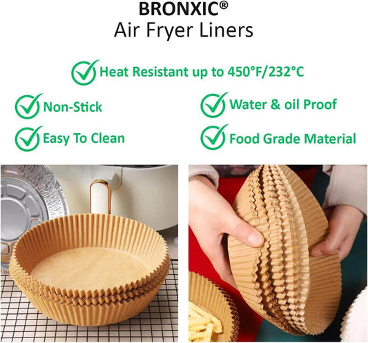 Image showcasing BRONXIC Air Fryer Liners, highlighting heat resistance, non-stick, easy to clean, and food grade material.