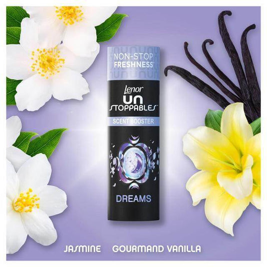 Lenor Unstoppables Scent Booster - Dreams with jasmine and vanilla, offering non-stop freshness for laundry.