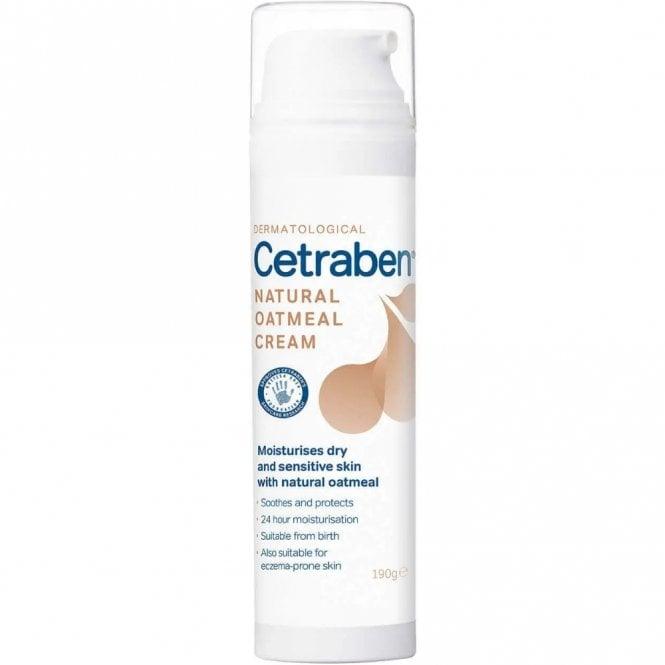 Cetraben Natural Oatmeal Cream for dry and sensitive skin, 190g, provides 24-hour hydration and soothes eczema-prone skin.