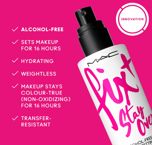MAC Fix+ Stay Over 30ml setting spray, alcohol-free, hydrating, weightless, sets makeup for 16 hours, transfer-resistant.