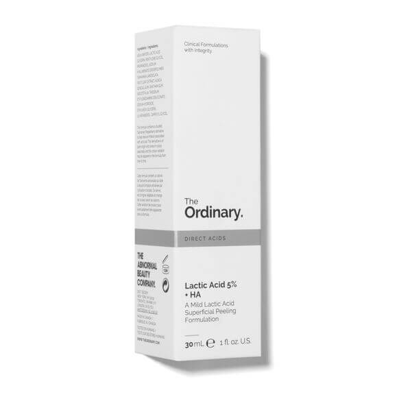 The Ordinary Lactic Acid 5% + HA 2% 30ml packaging side view showing product details and usage instructions.