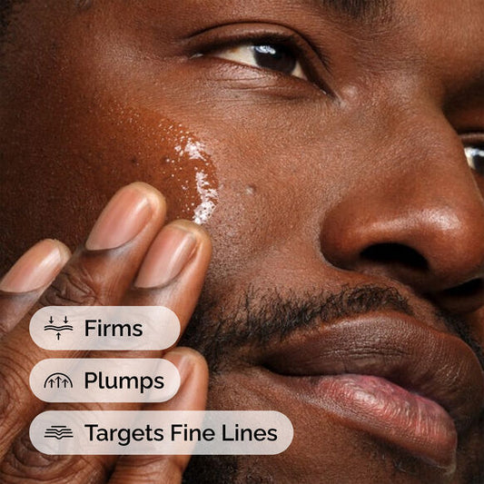 Close-up of a person's face with text indicating The Ordinary Matrixyl 10% + HA 30ml skin care benefits