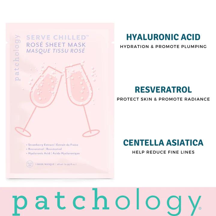 Patchology Serve Chilled Rosé Sheet Mask with hyaluronic acid, resveratrol, and centella asiatica for hydration and rejuvenation.