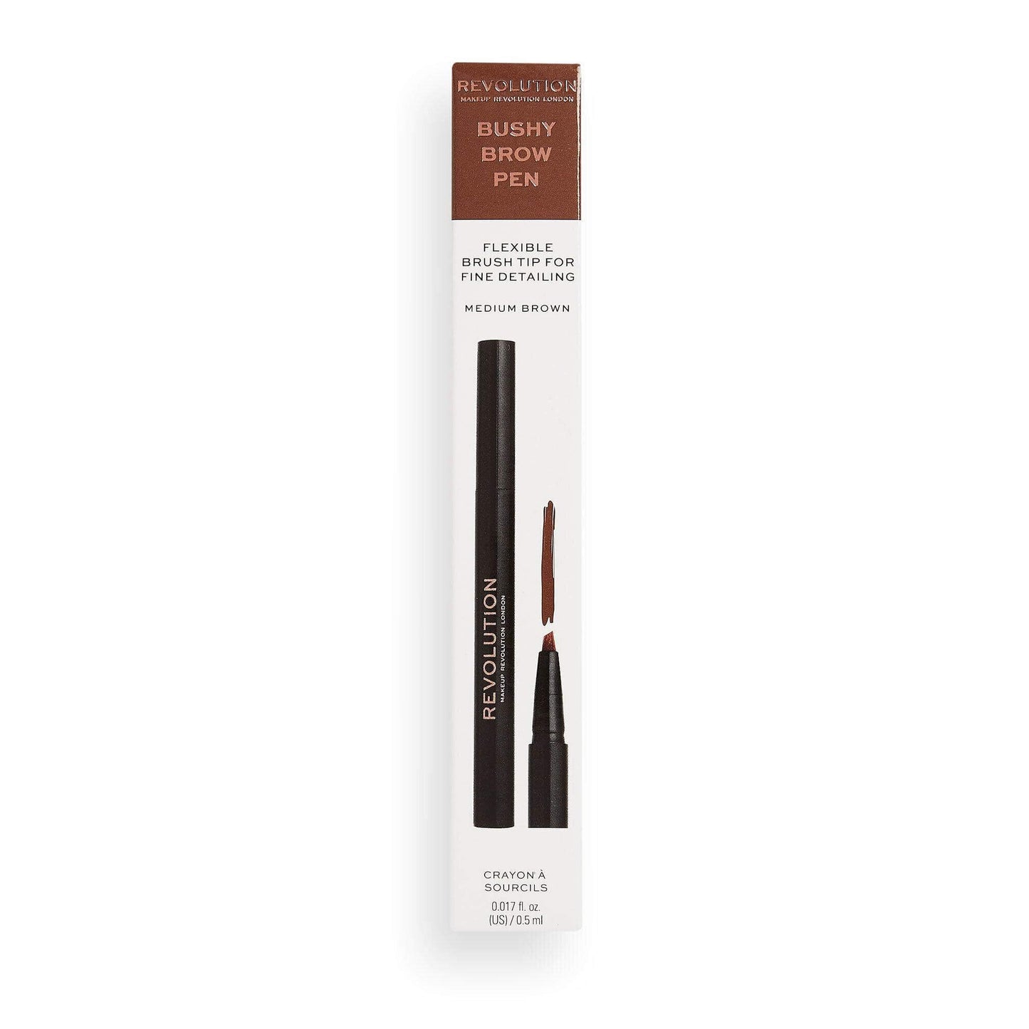 Revolution Bushy Brow Pen in Medium Brown with flexible brush tip for detailed eyebrow application.