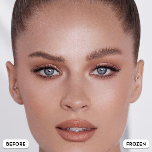 Before and after comparison showcasing the brow styling effect of Anastasia Beverly Hills Brow Freeze.
