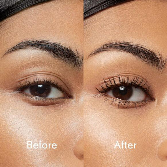 Before and after image showcasing the volumizing effect of Byredo Astronomical Mascara on eyelashes.