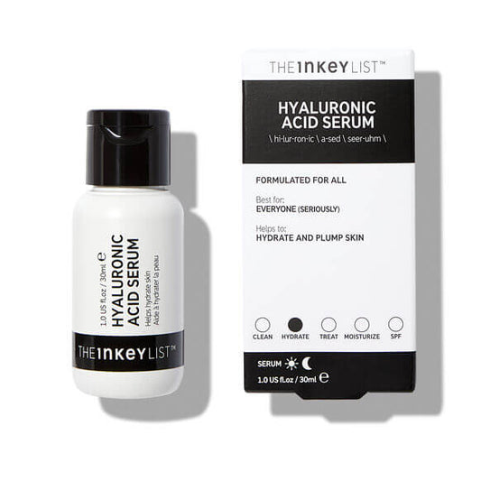 The INKEY List Hyaluronic Acid Serum bottle and box packaging for hydrated and plump skin.