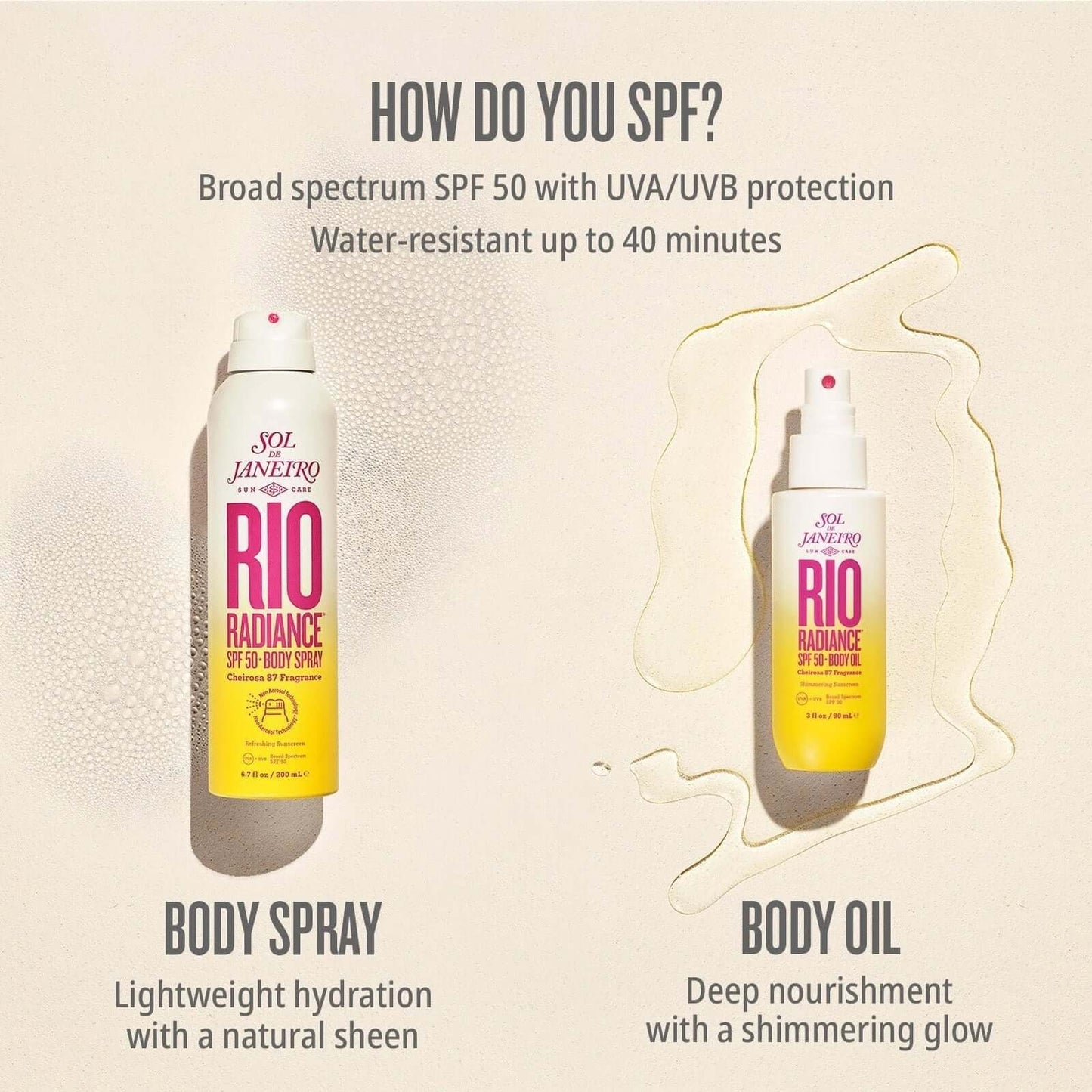 Sol de Janeiro Rio Radiance Oil SPF 50 and body spray with hydration and shimmering glow.