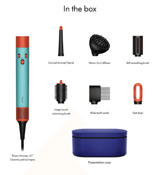 Contents of the Dyson Airwrap i.d. Hair Styler Patina & Topaz box, including tools and presentation case.