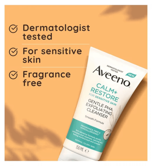 Aveeno CALM+RESTORE Gentle PHA Exfoliating Cleanser tube highlighting dermatologist tested, for sensitive skin, and fragrance-free.