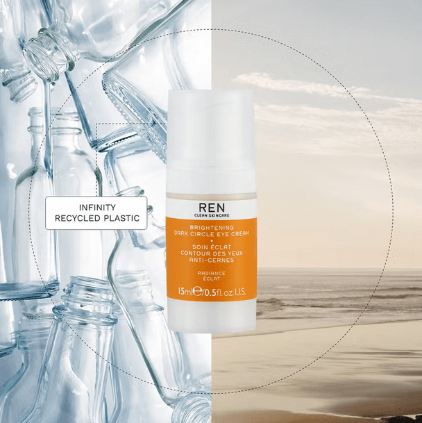 Ren Clean Skincare Brightening Dark Circle Eye Cream 15ml with recycled plastic background.