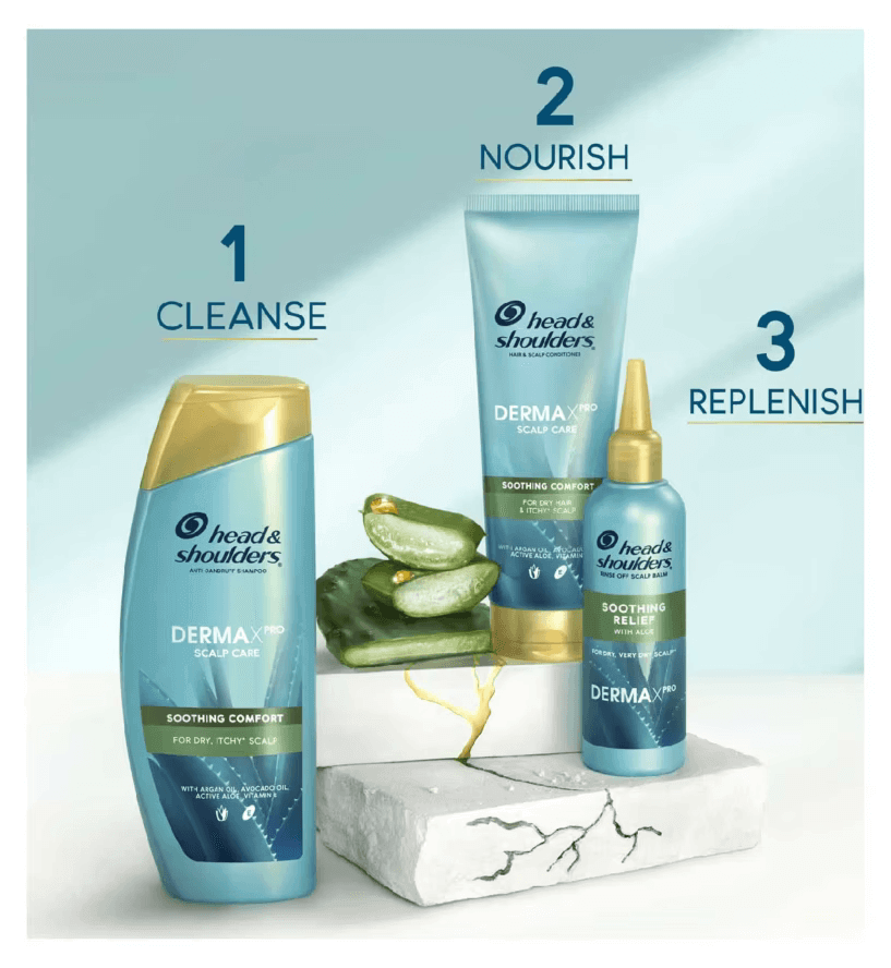 Head and Shoulders DERMAXPRO gift set with shampoo, conditioner, and scalp balm for soothing dry scalps.
