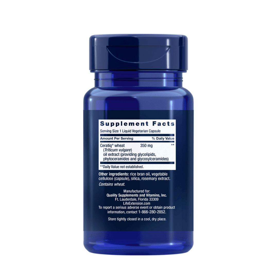 Life Extension Skin Restoring Ceramides supplement facts label for hydration and wrinkle smoothing.